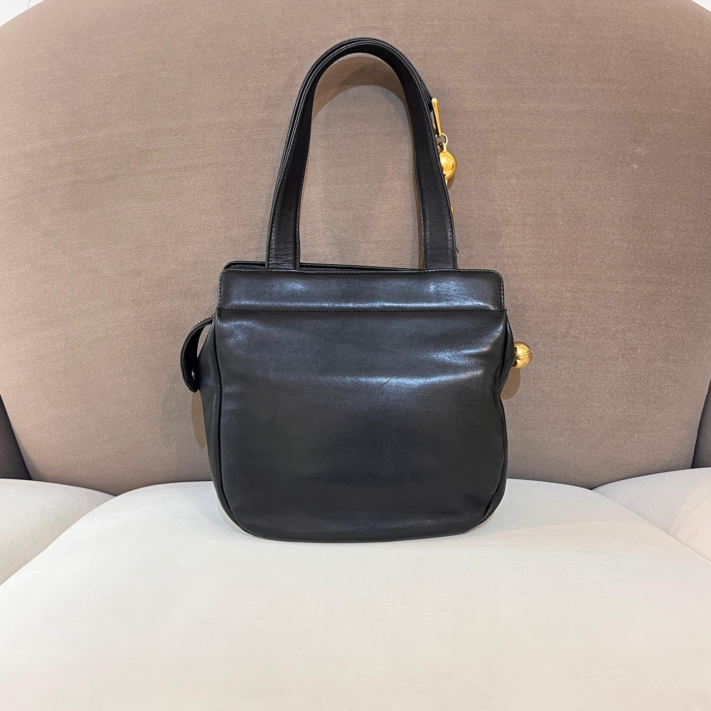 Versace Vintage Black Leather Orb Charm Tote Bag