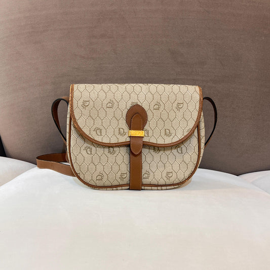 Christian Dior Vintage Beige Pvc Monogram Brown Leather Trim Shoulder Bag