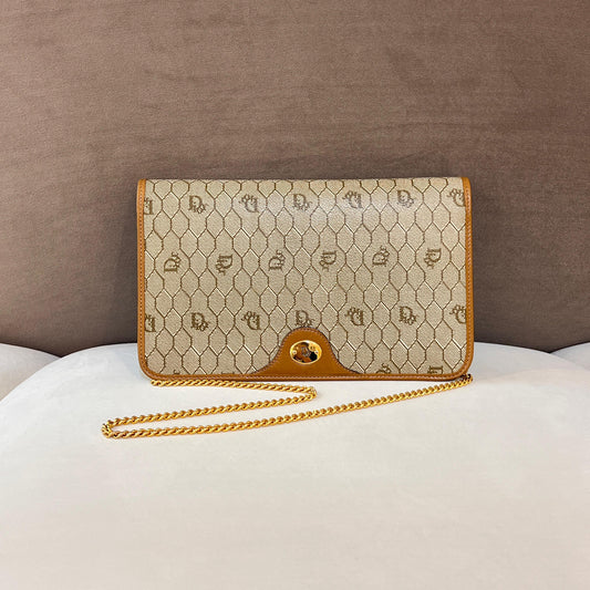 Christian Dior Vintage Honeycomb Canvas Gold Chain Shoulder Bag
