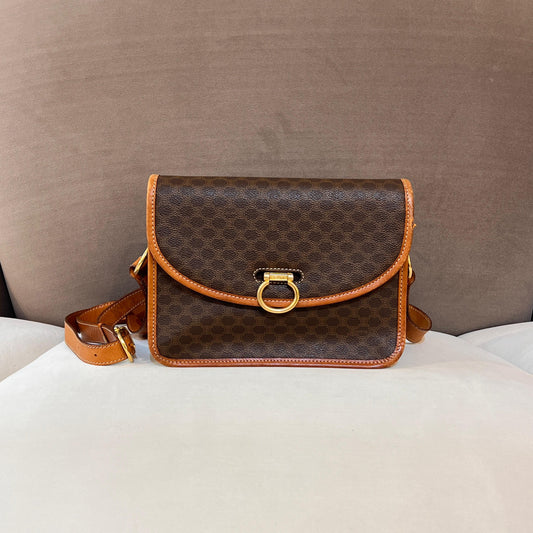 Celine Vintage Macadam Canvas Caramel Leather Trim Shoulder Bag