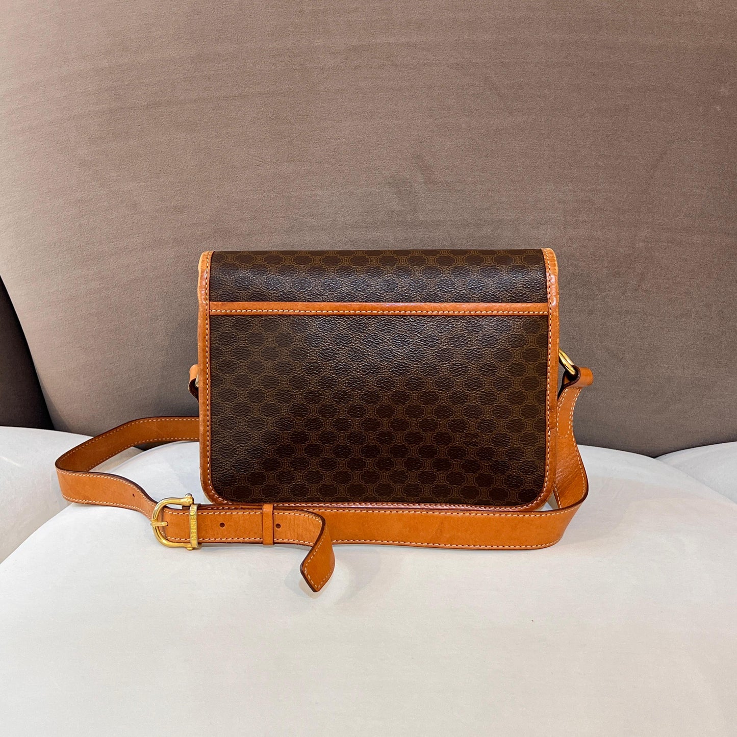 Celine Vintage Macadam Canvas Caramel Leather Trim Shoulder Bag