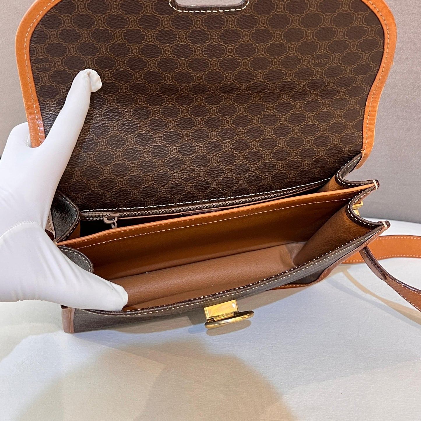 Celine Vintage Macadam Canvas Caramel Leather Trim Shoulder Bag