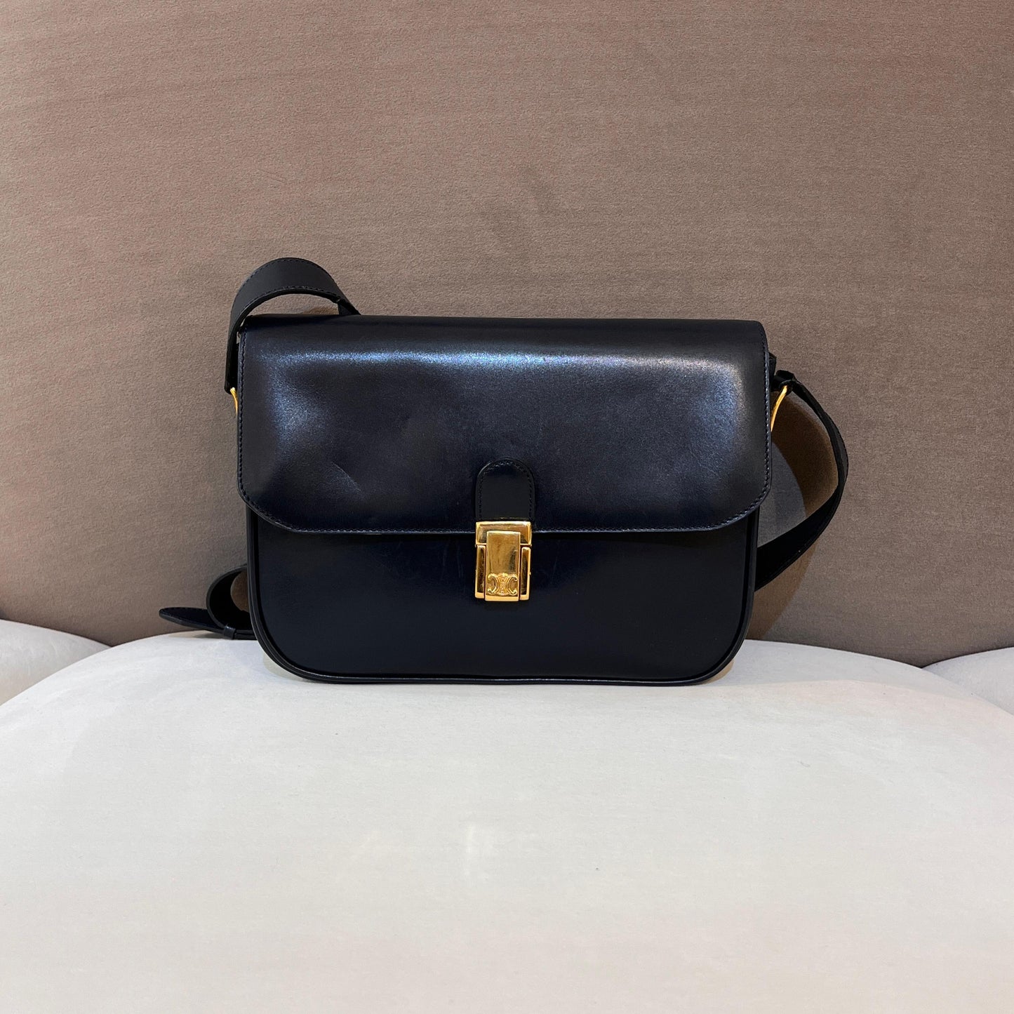 Celine Vintage Navy Leather Gold Push-Lock Shoulder Bag With Pouch
