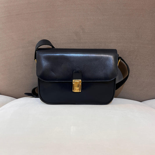 Celine Vintage Navy Leather Gold Push-Lock Shoulder Bag With Pouch