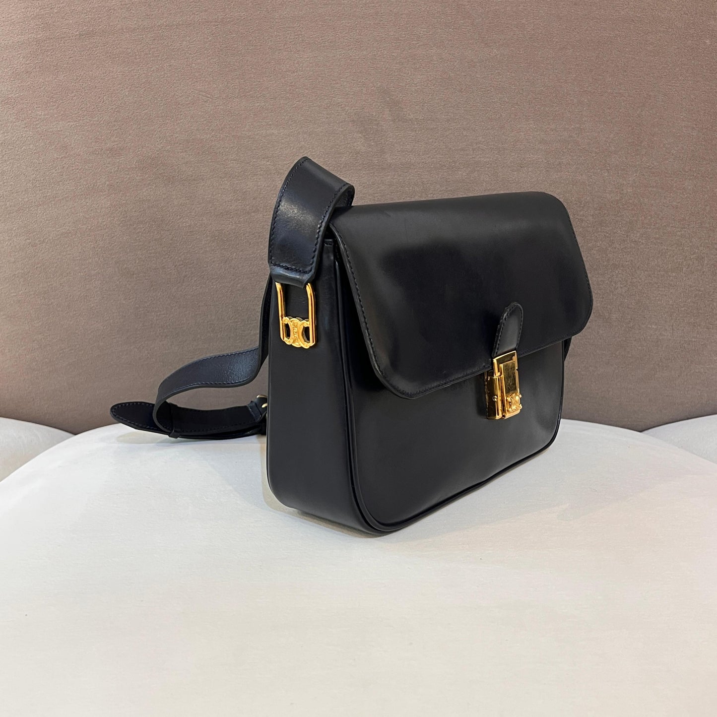 Celine Vintage Navy Leather Gold Push-Lock Shoulder Bag With Pouch