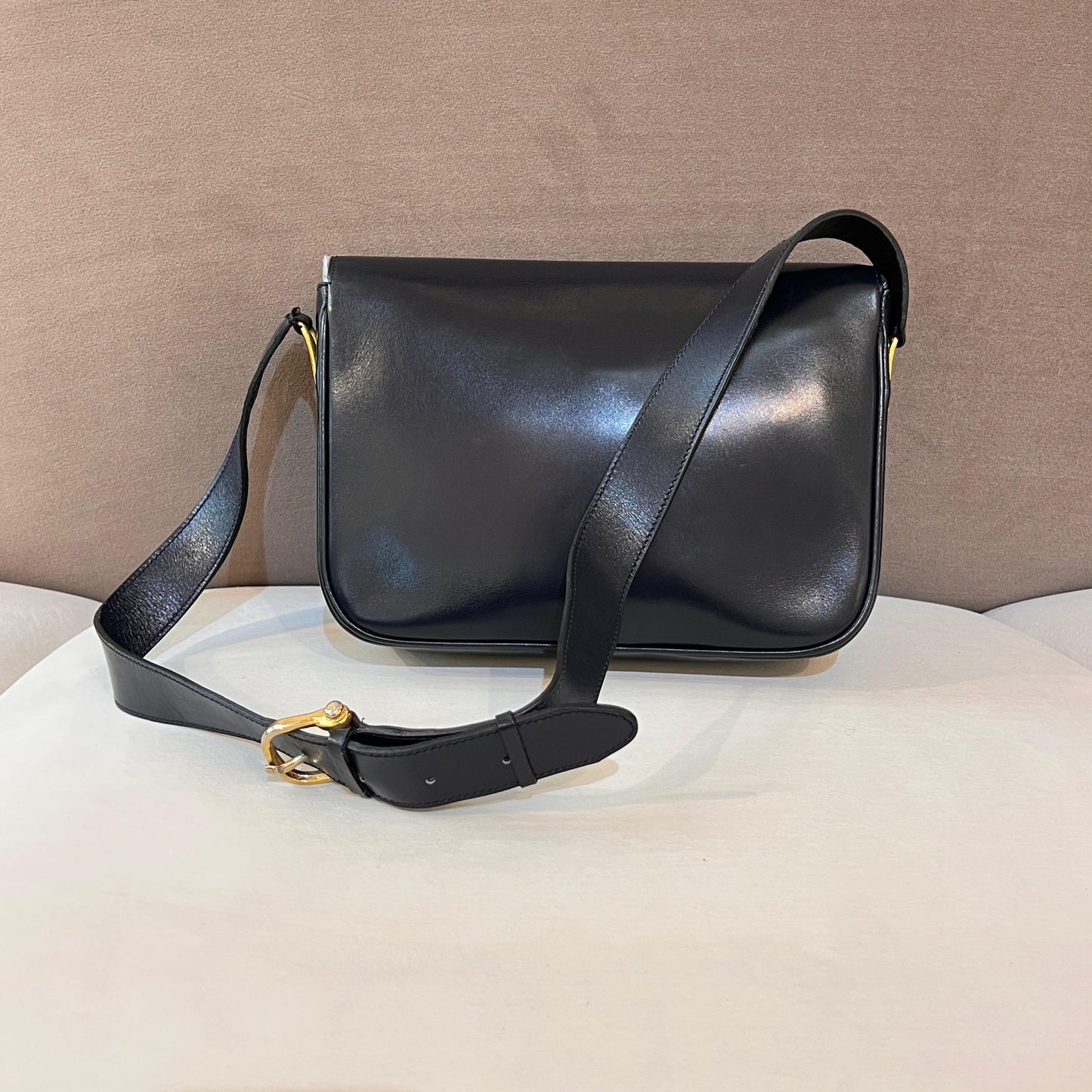 Celine Vintage Navy Leather Gold Push-Lock Shoulder Bag With Pouch