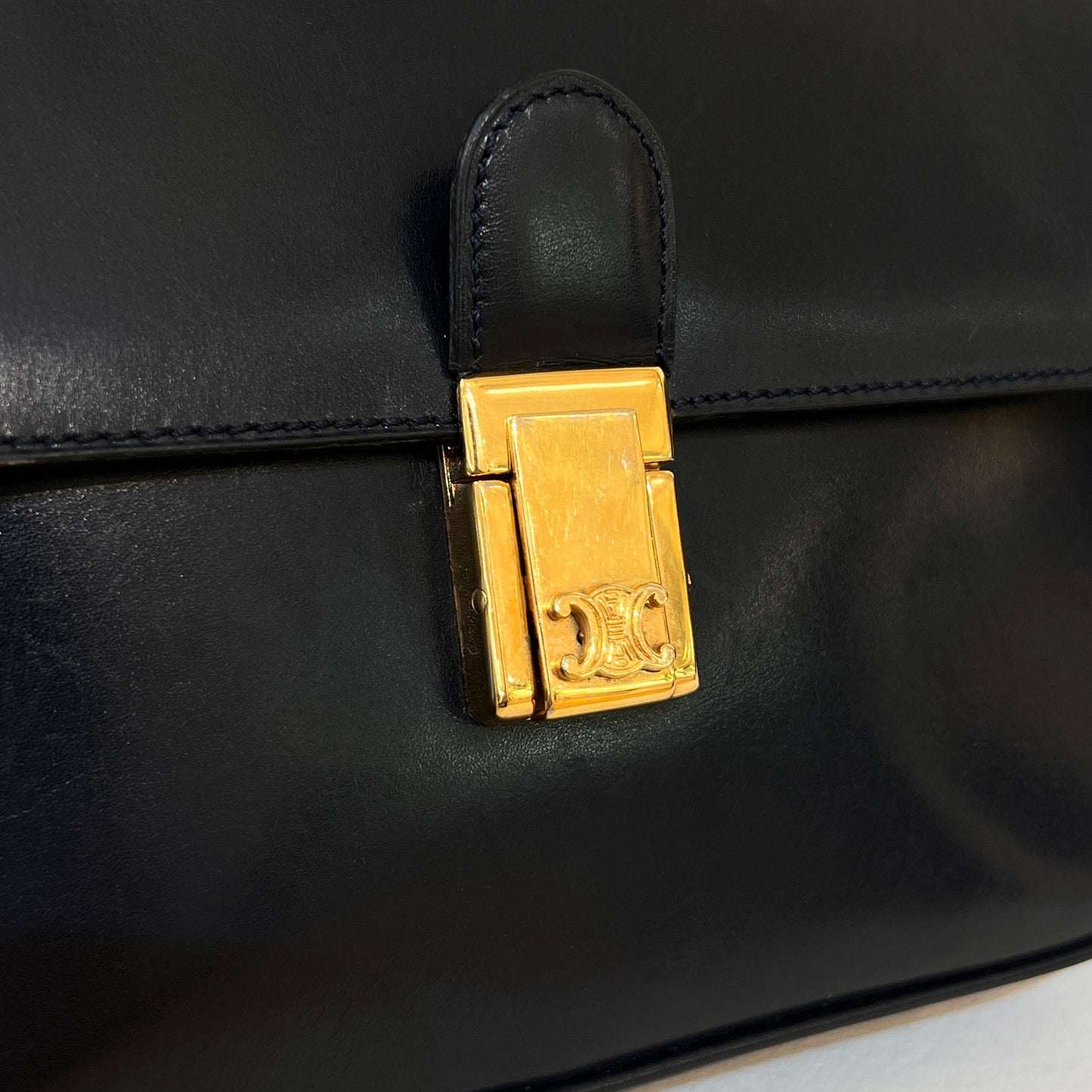 Celine Vintage Navy Leather Gold Push-Lock Shoulder Bag With Pouch