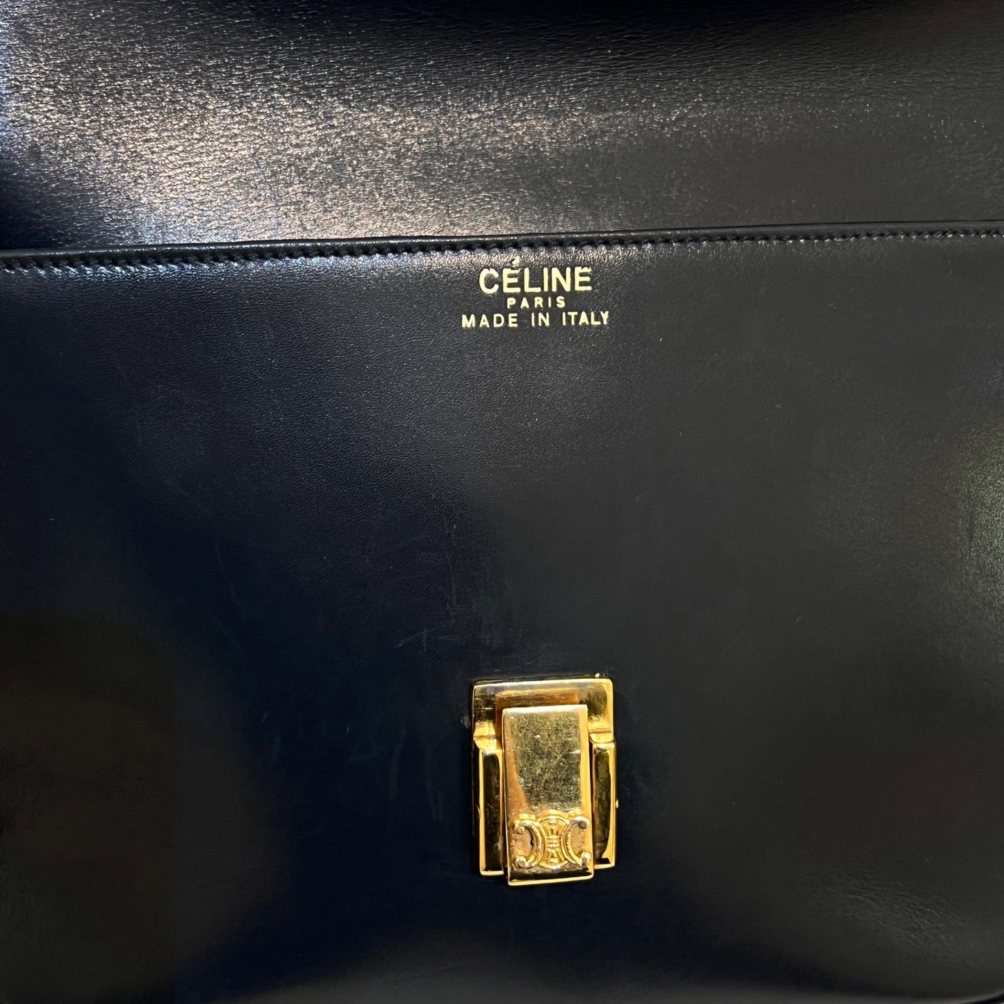Celine Vintage Navy Leather Gold Push-Lock Shoulder Bag With Pouch