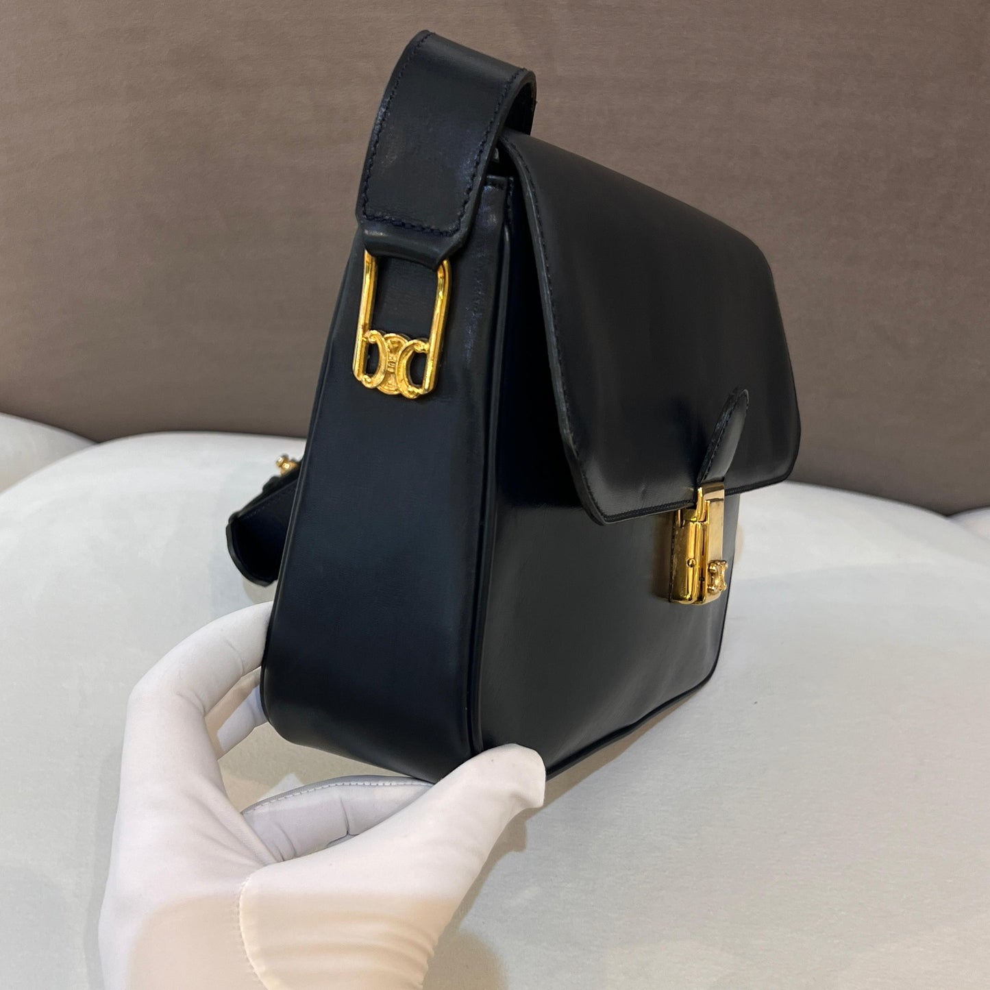 Celine Vintage Navy Leather Gold Push-Lock Shoulder Bag With Pouch