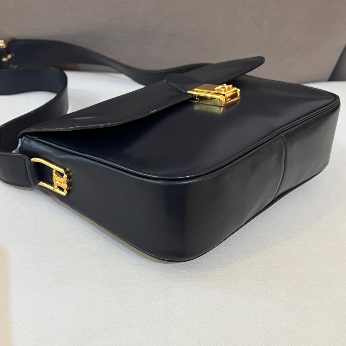 Celine Vintage Navy Leather Gold Push-Lock Shoulder Bag With Pouch