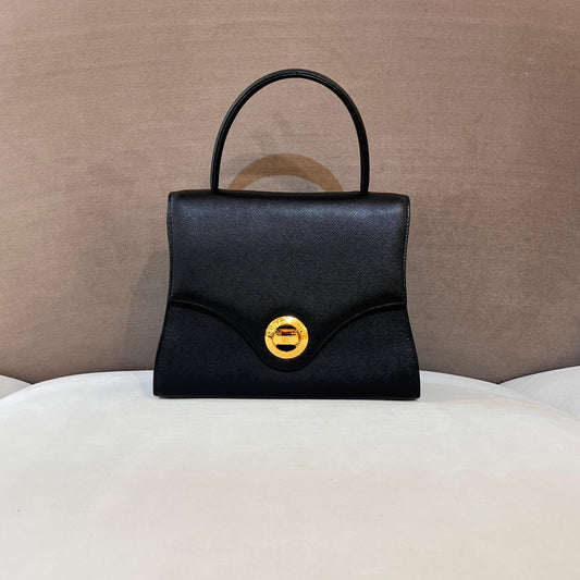 Givenchy Vintage Black Leather Gold Logo Clasp Top Handle Bag