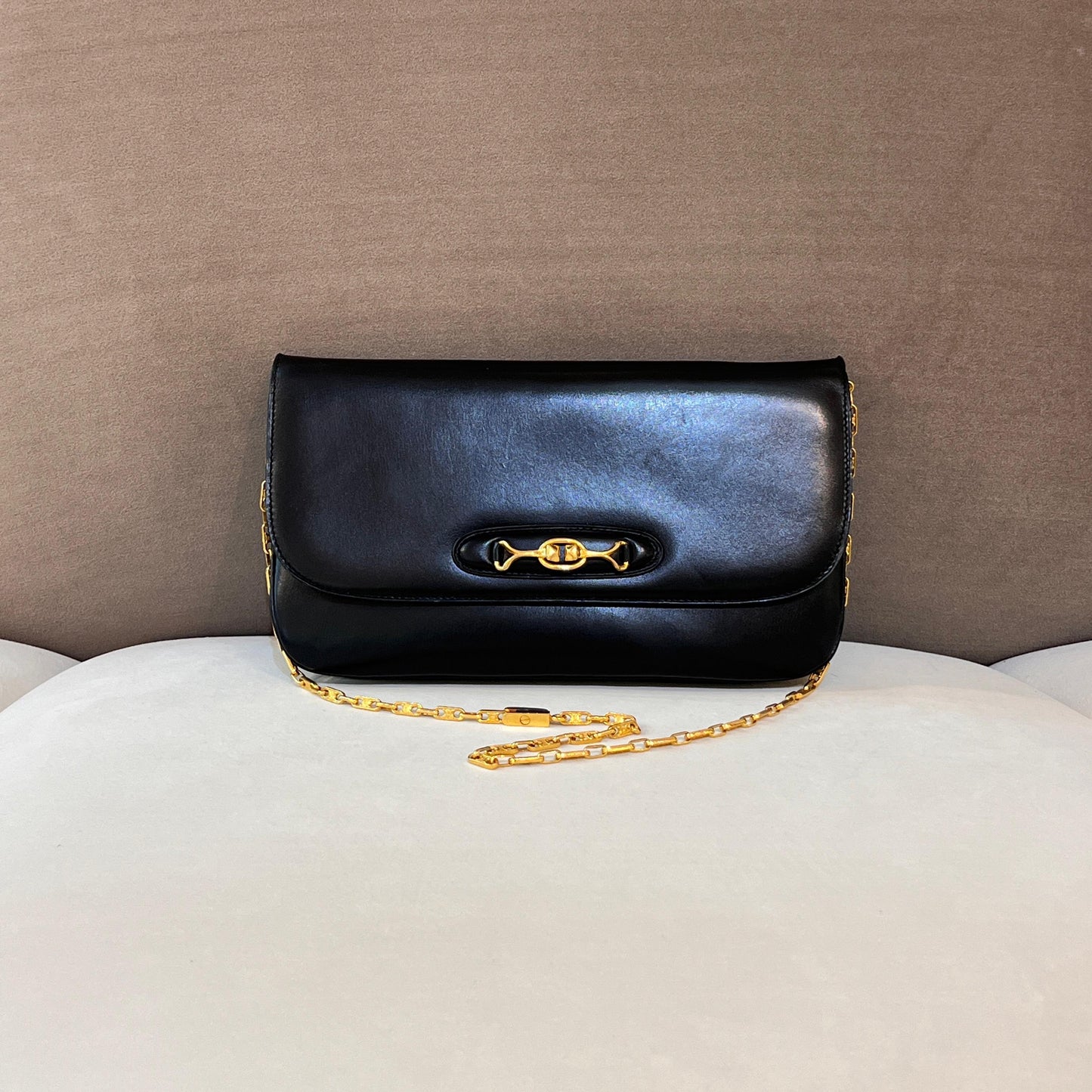 Celine Vintage Black Leather Gold Chain Semi-Shoulder Bag