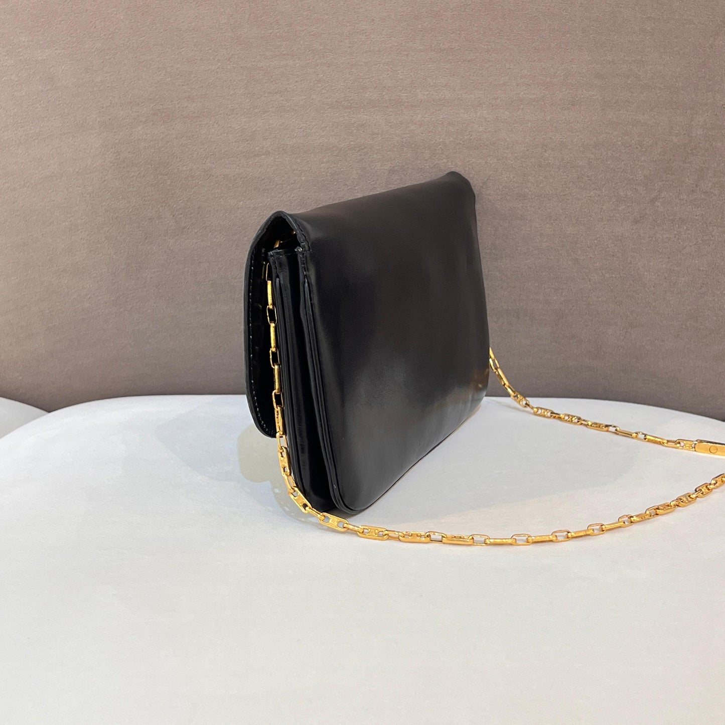Celine Vintage Black Leather Gold Chain Semi-Shoulder Bag
