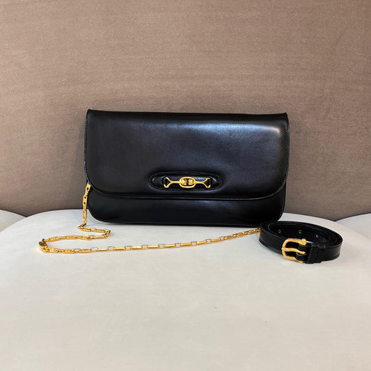 Celine Vintage Black Leather Gold Chain Semi-Shoulder Bag