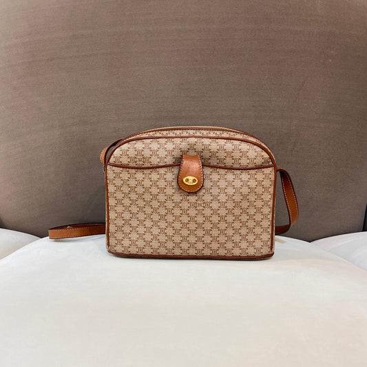 Celine Vintage Macadam Canvas Tan Leather Shoulder Bag