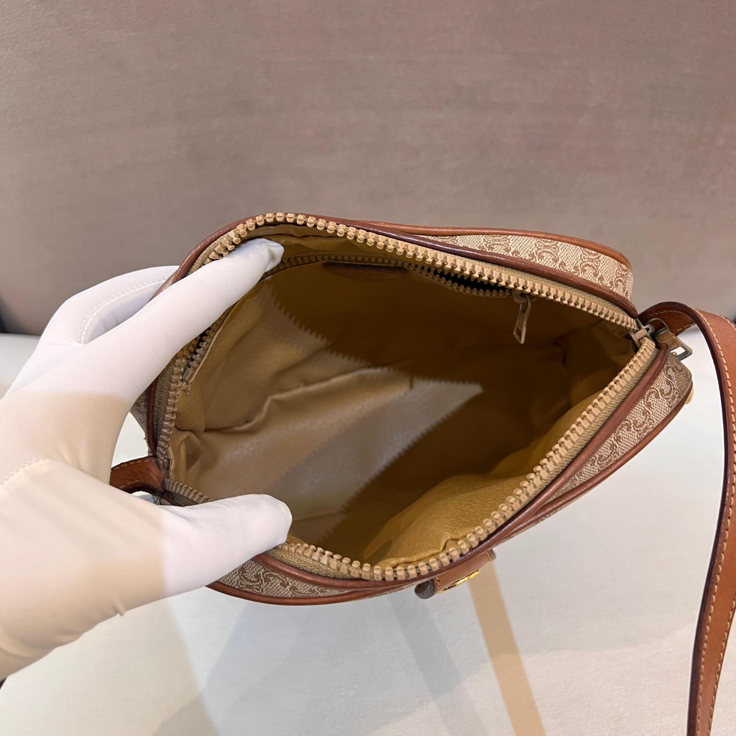 Celine Vintage Macadam Canvas Tan Leather Shoulder Bag