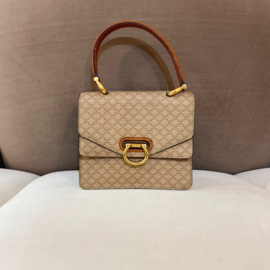 Celine Vintage Beige Triomphe Canvas Gold Horseshoe Clasp Handbag