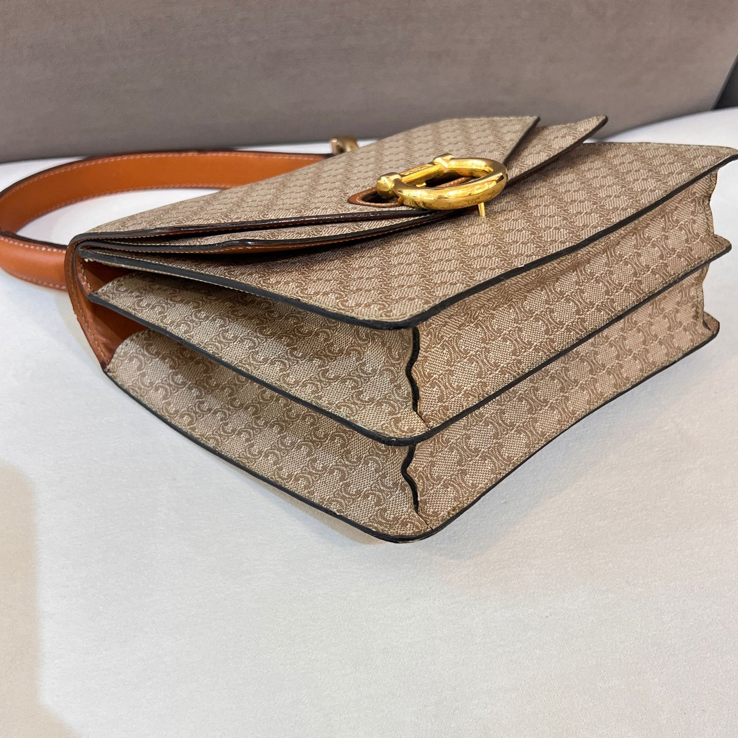 Celine Vintage Beige Triomphe Canvas Gold Horseshoe Clasp Handbag