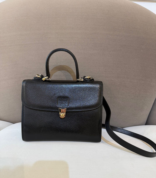 Burberry Vintage Black Grained Leather Gold Clasp 2-Way Handbag