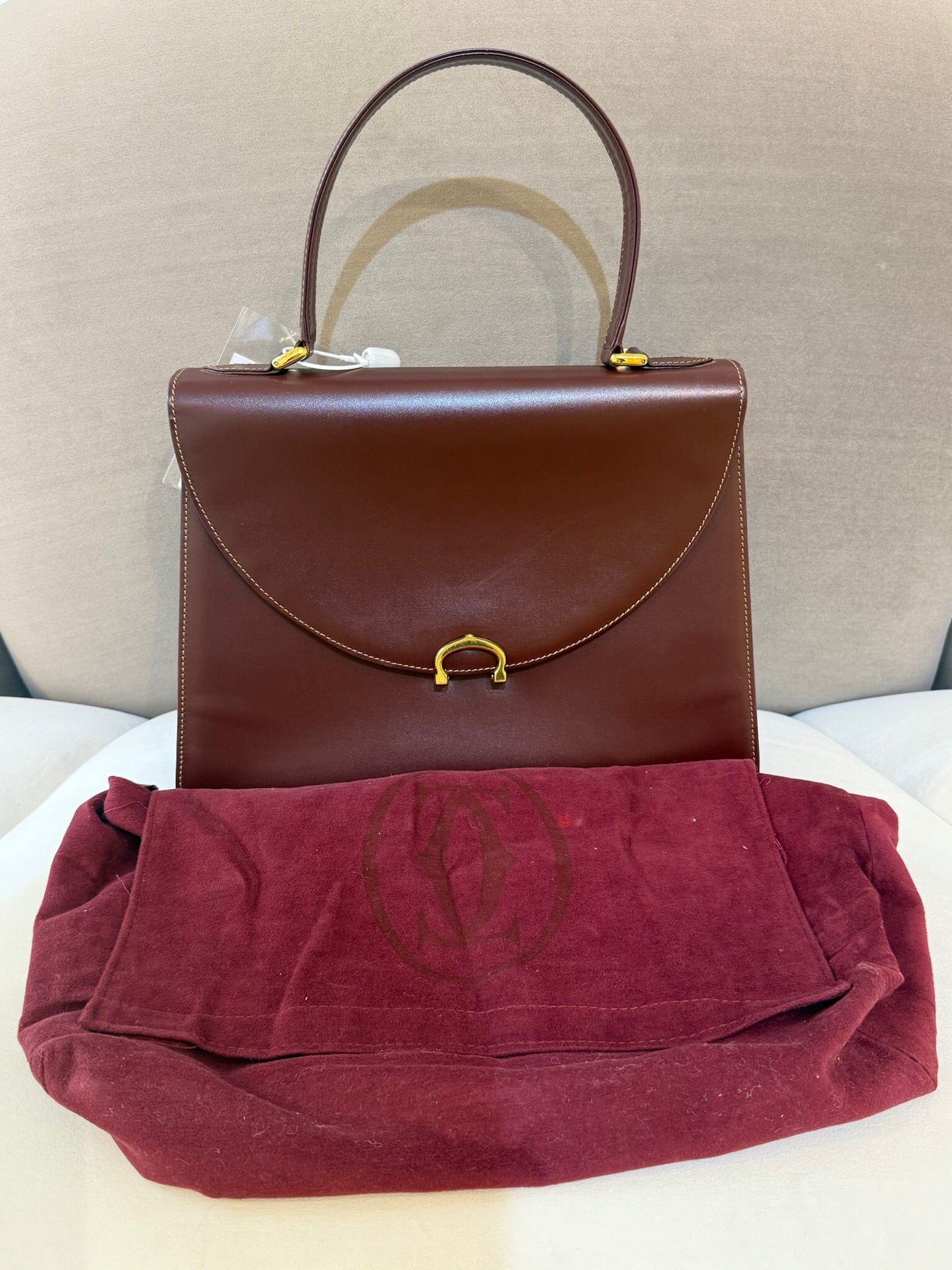 Cartier Vintage Must Line Bordeaux Leather Gold Clasp Handbag