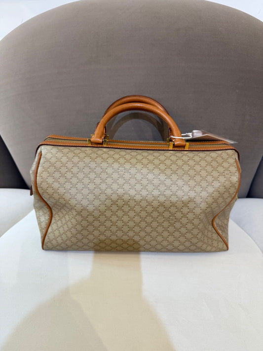 Celine Vintage Macadam Canvas Beige Leather Boston Handbag