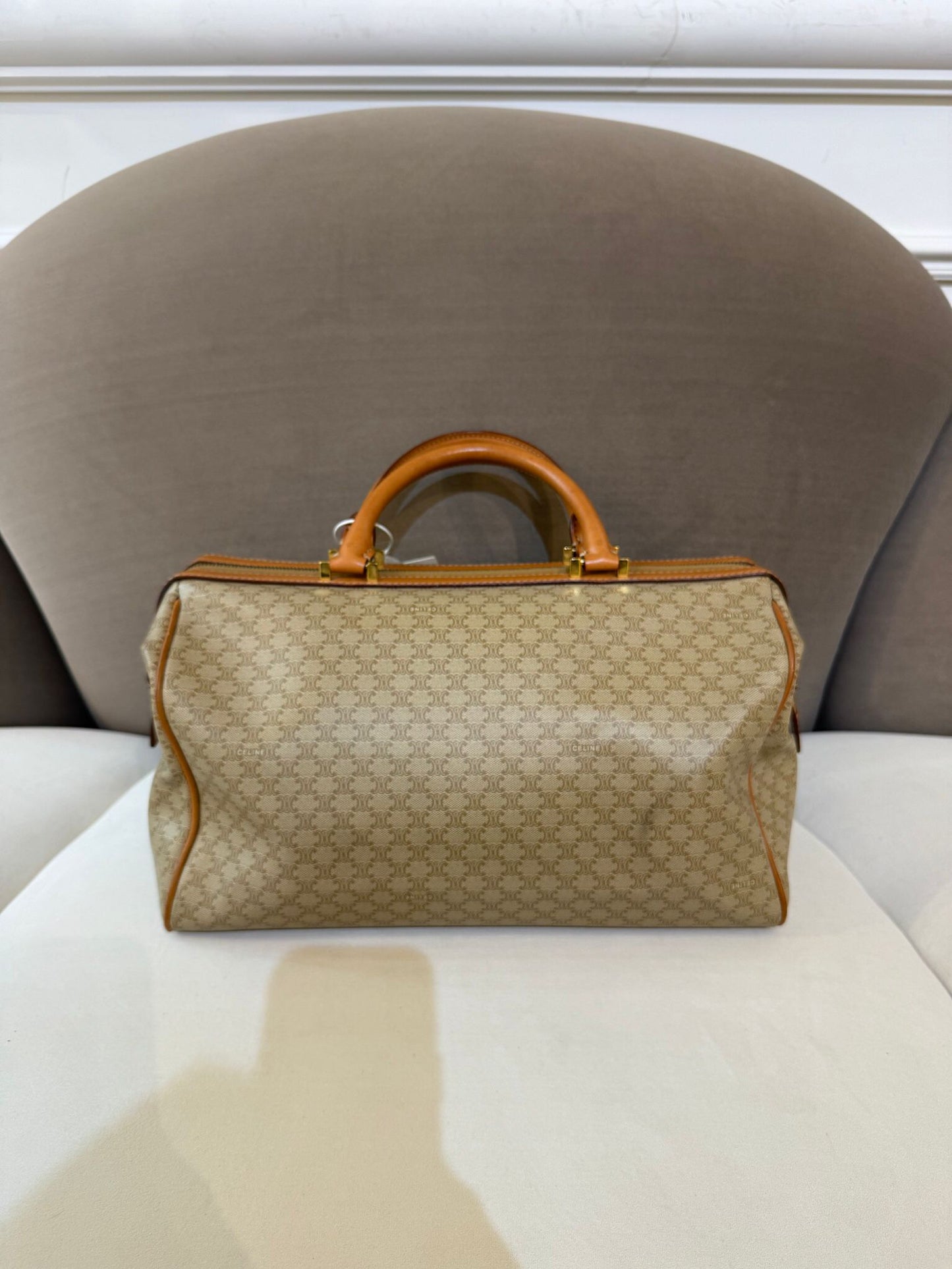 Celine Vintage Macadam Canvas Beige Leather Boston Handbag