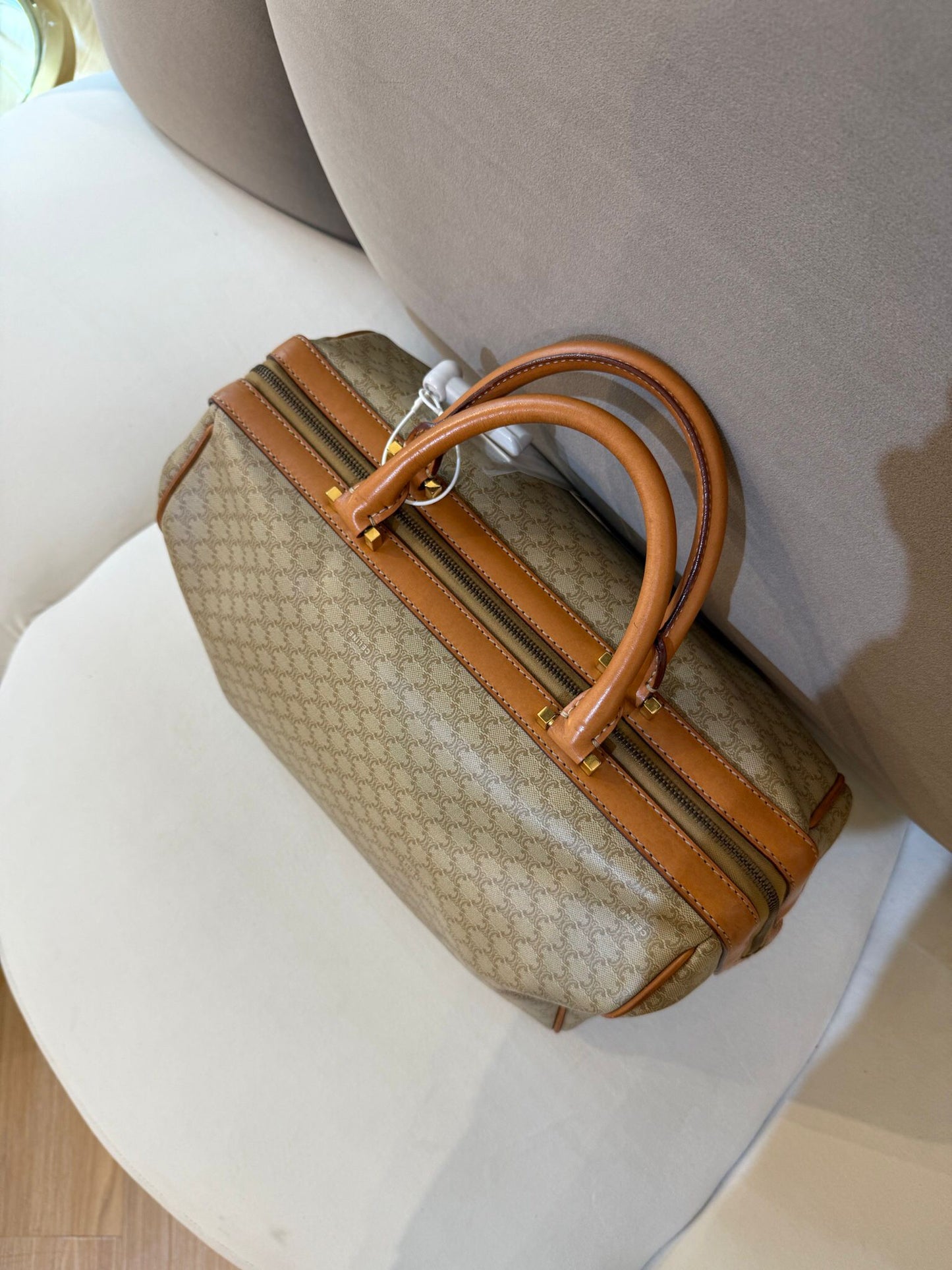Celine Vintage Macadam Canvas Beige Leather Boston Handbag