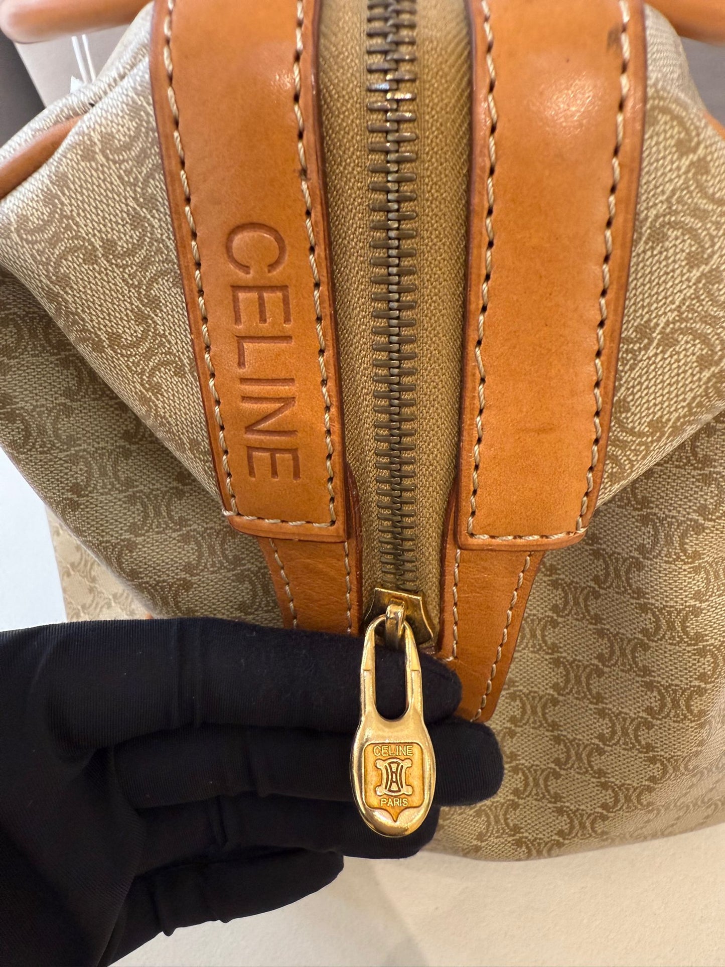 Celine Vintage Macadam Canvas Beige Leather Boston Handbag