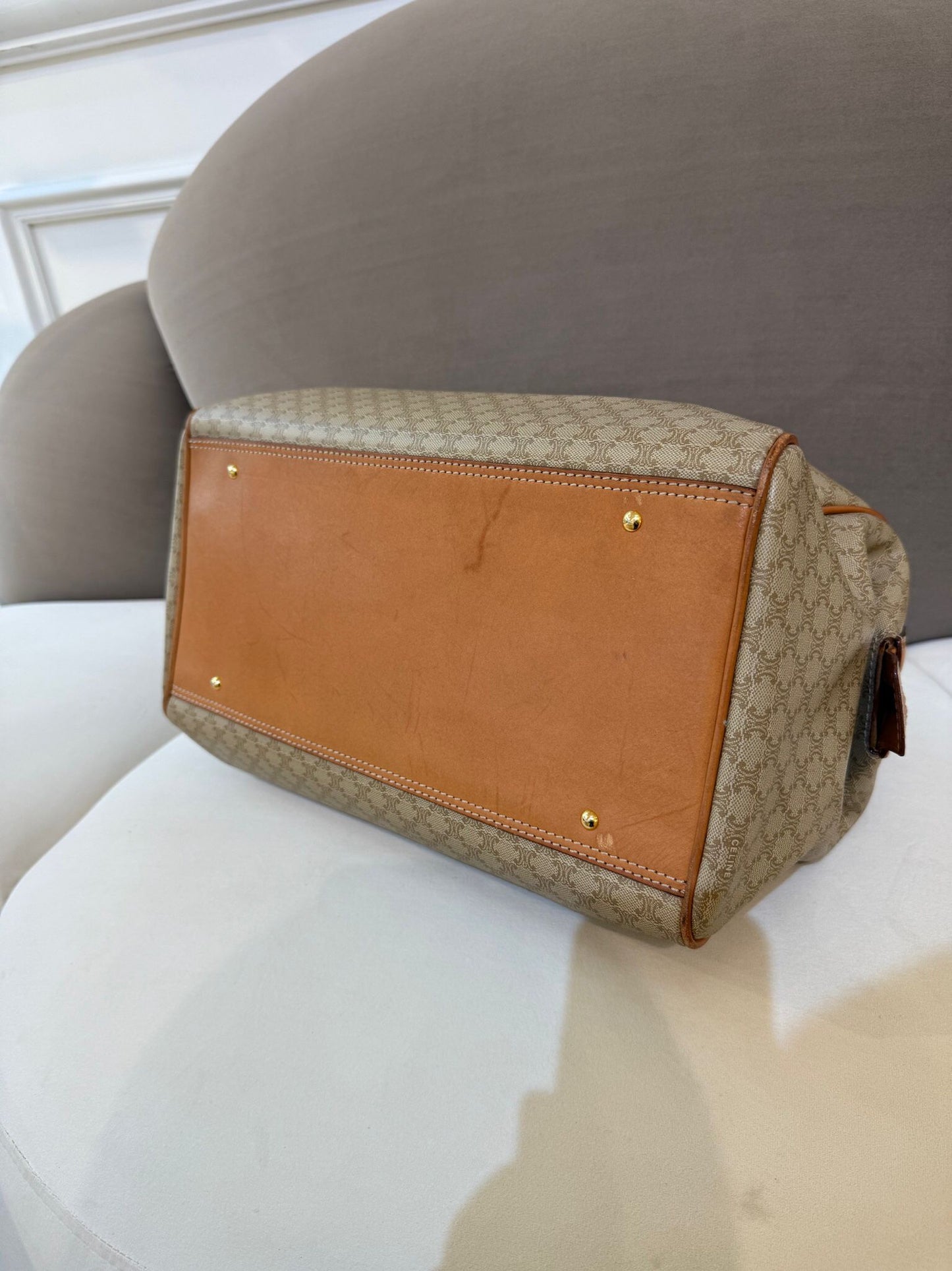 Celine Vintage Macadam Canvas Beige Leather Boston Handbag