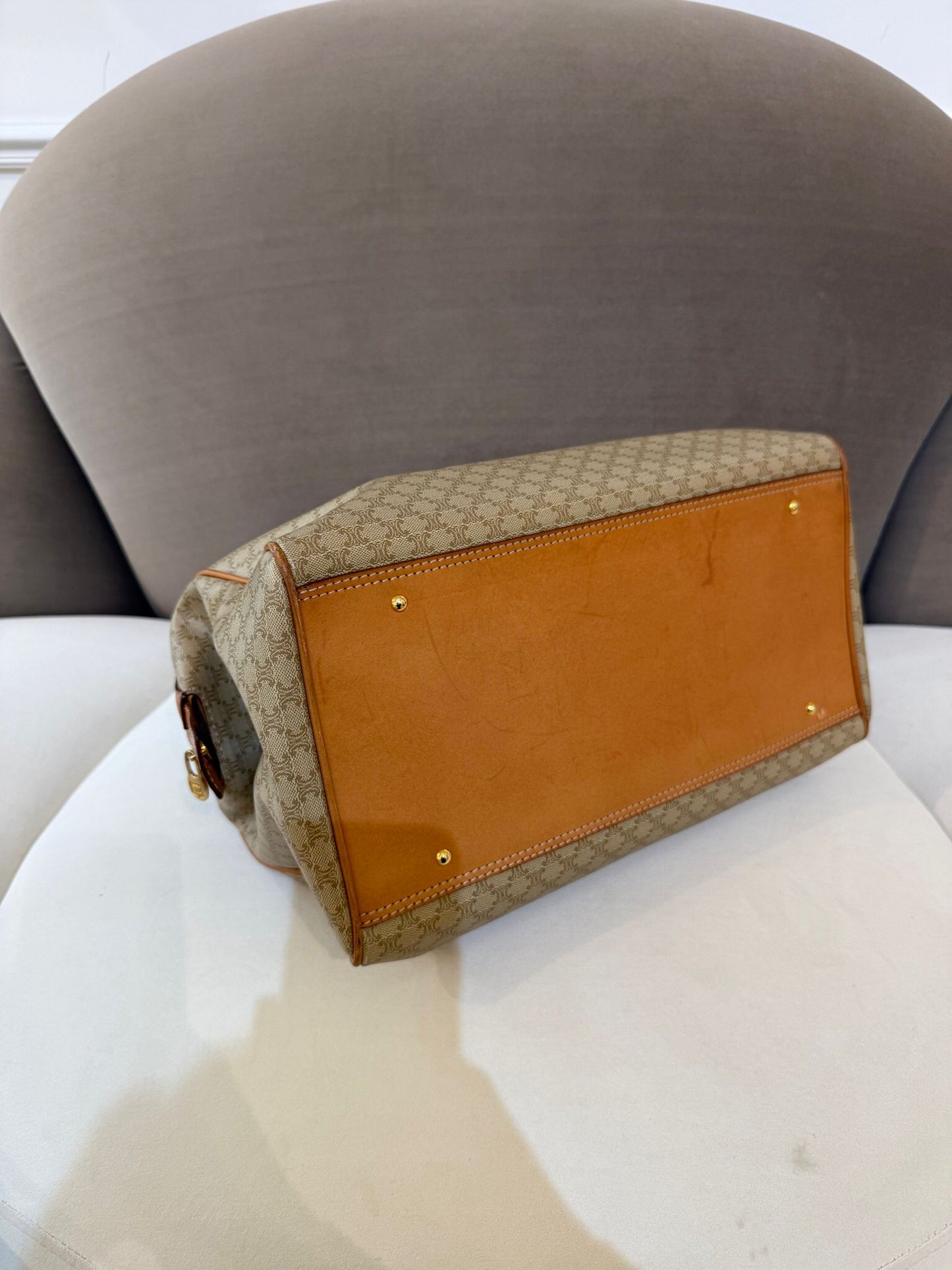 Celine Vintage Macadam Canvas Beige Leather Boston Handbag