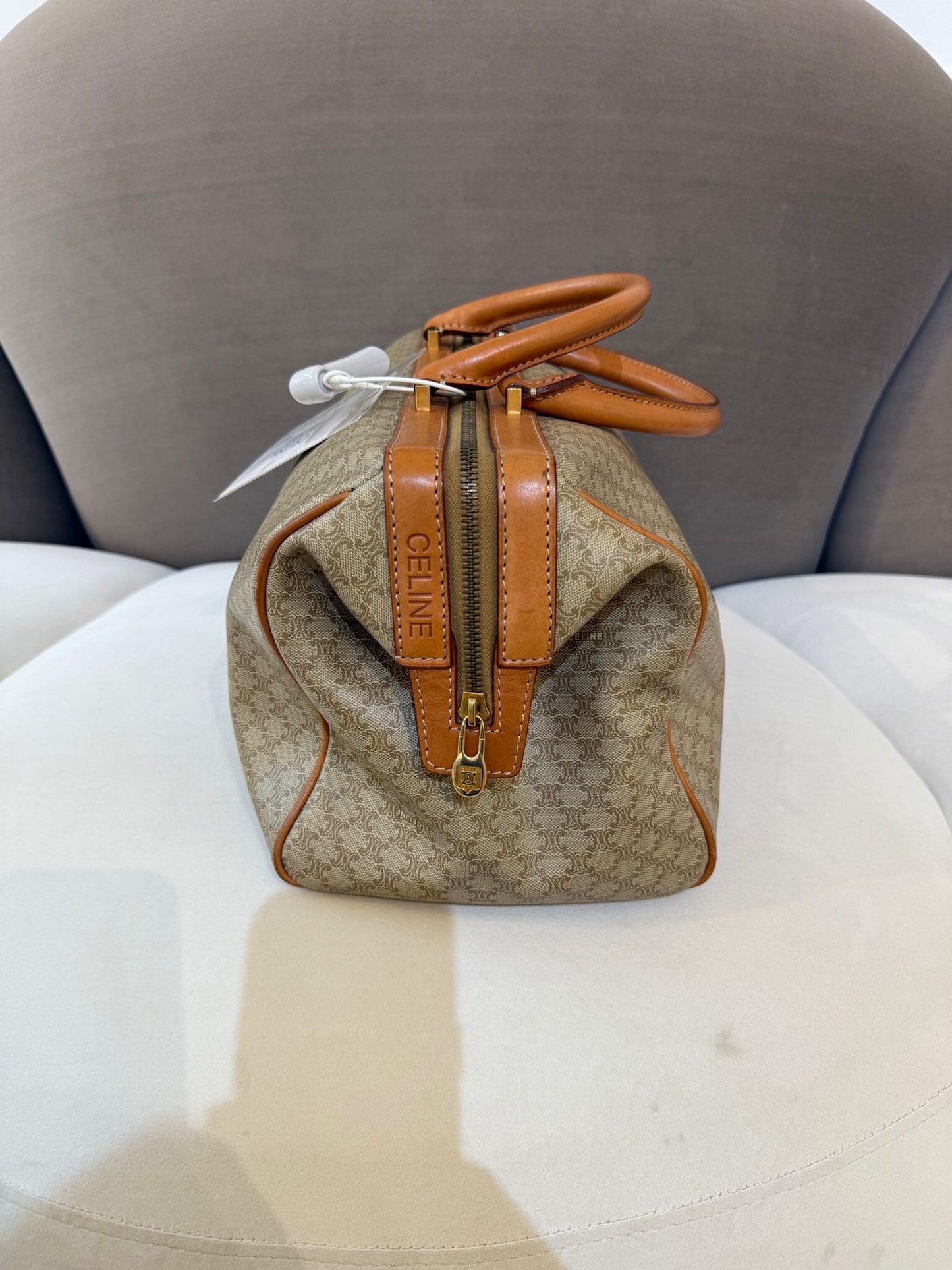 Celine Vintage Macadam Canvas Beige Leather Boston Handbag