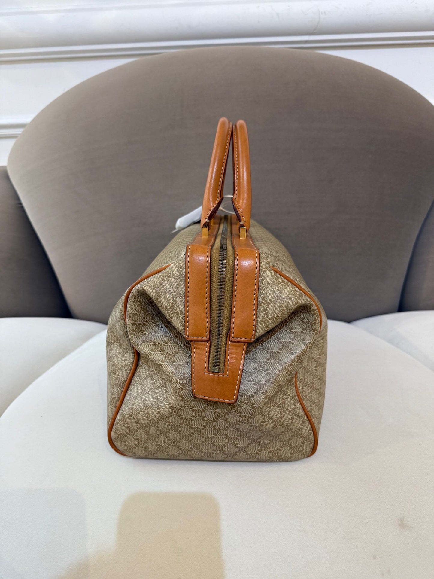 Celine Vintage Macadam Canvas Beige Leather Boston Handbag