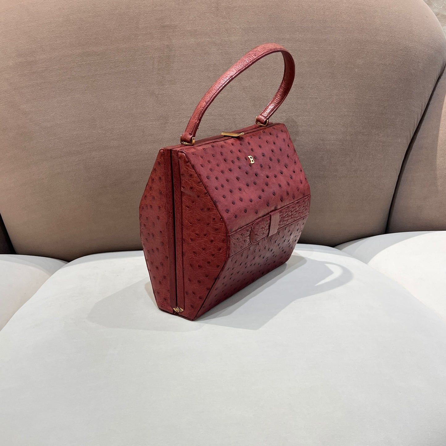 Bally Vintage Ostrich Embossed Leather Brown Top Handle Box Handbag