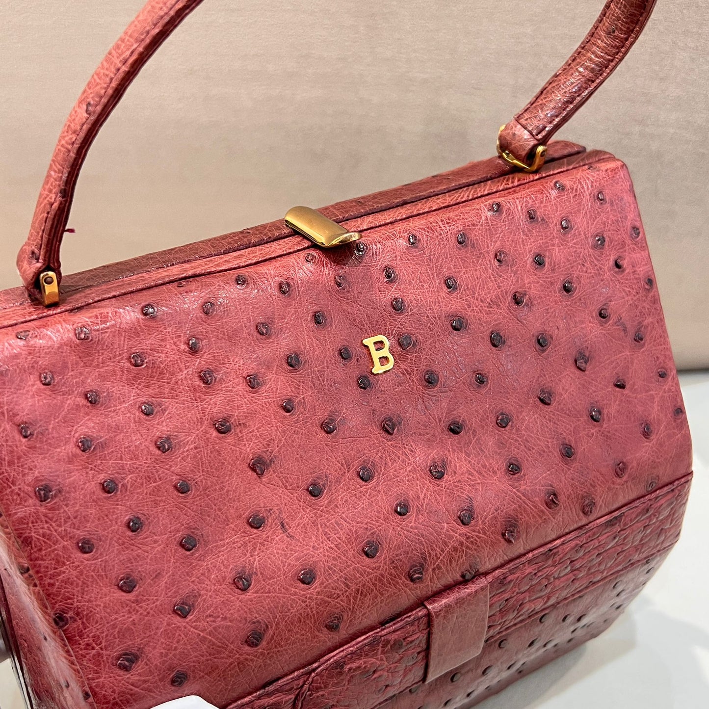 Bally Vintage Ostrich Embossed Leather Brown Top Handle Box Handbag
