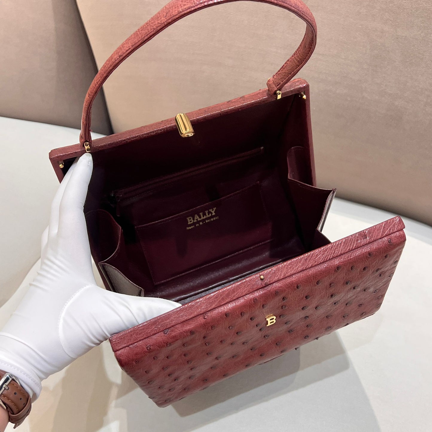 Bally Vintage Ostrich Embossed Leather Brown Top Handle Box Handbag