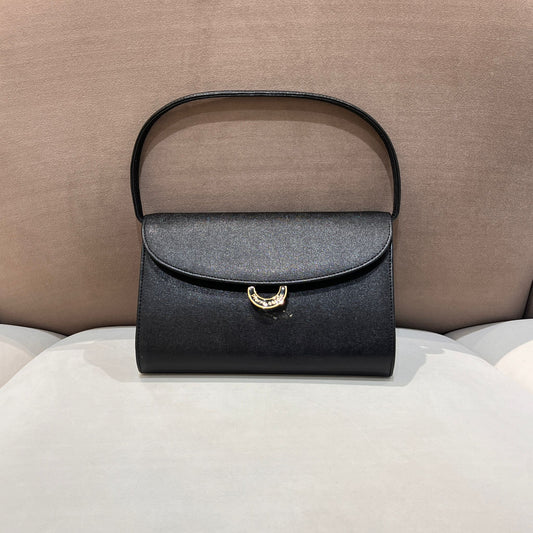 Pierre Cardin Vintage Black Leather Curved Flap Top Handle Handbag