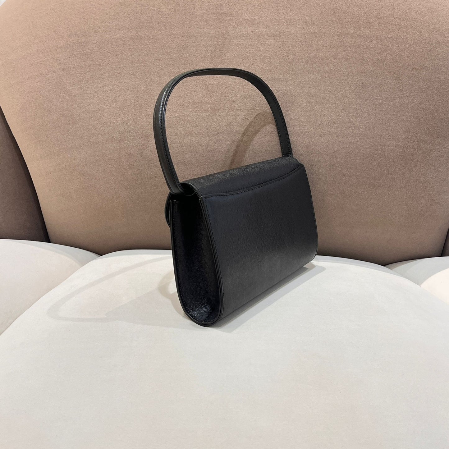 Pierre Cardin Vintage Black Leather Curved Flap Top Handle Handbag