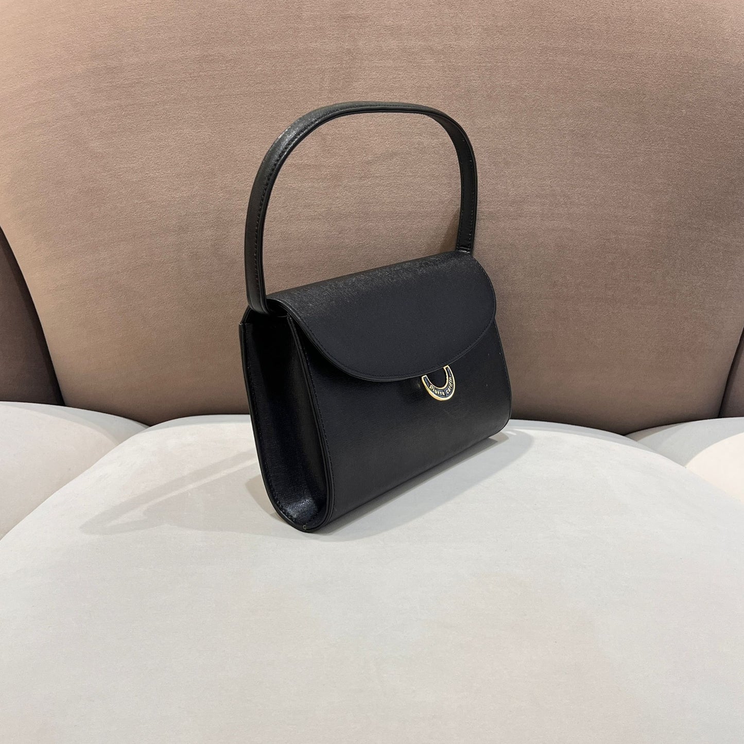 Pierre Cardin Vintage Black Leather Curved Flap Top Handle Handbag