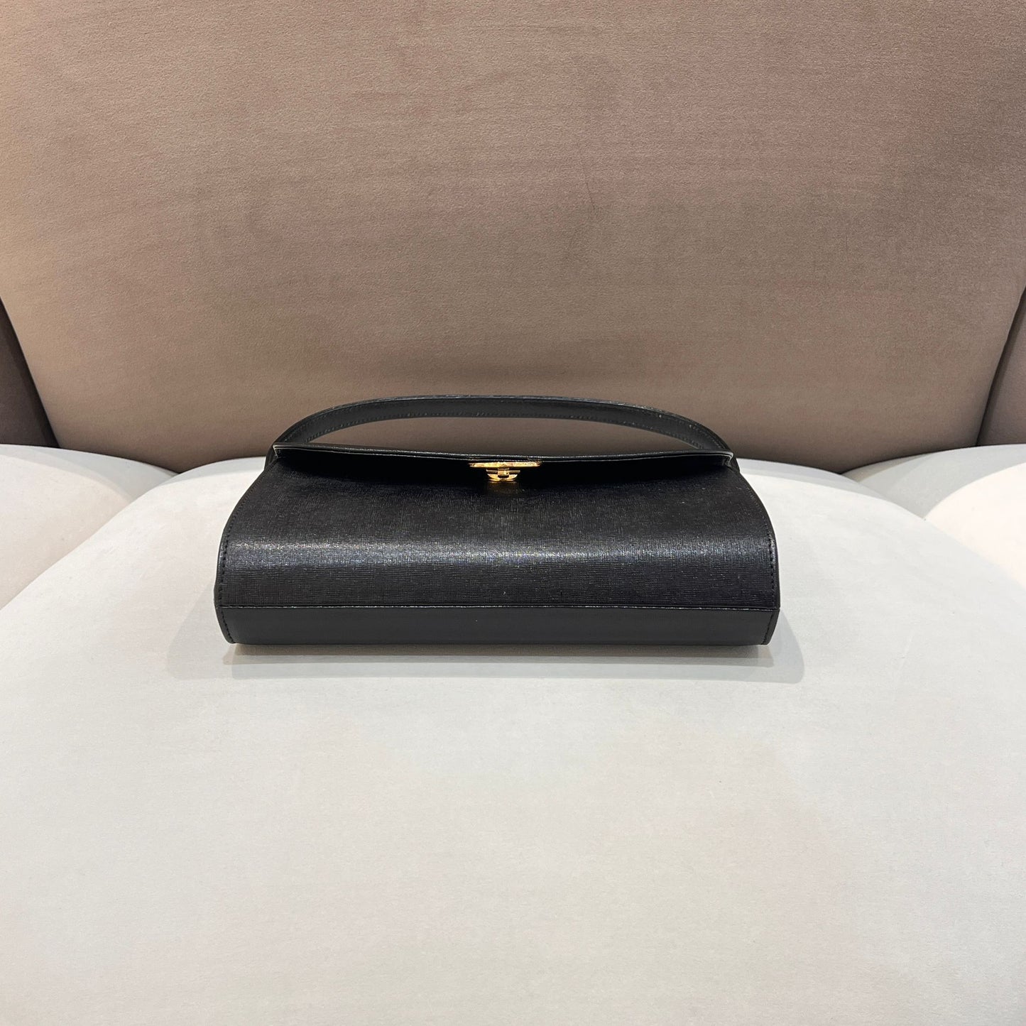 Pierre Cardin Vintage Black Leather Curved Flap Top Handle Handbag