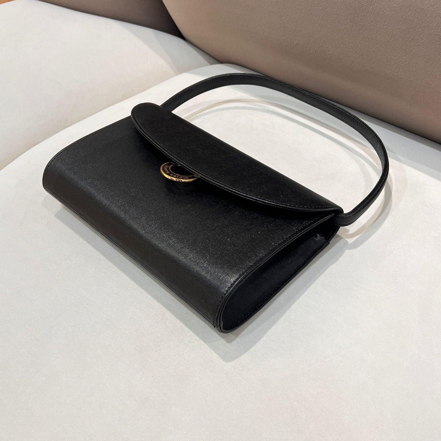 Pierre Cardin Vintage Black Leather Curved Flap Top Handle Handbag