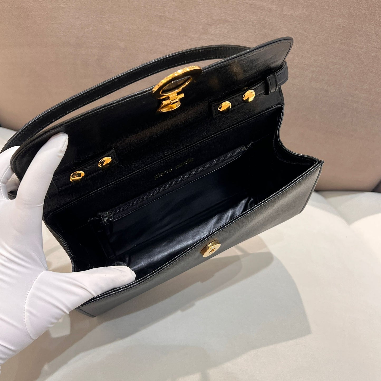 Pierre Cardin Vintage Black Leather Curved Flap Top Handle Handbag