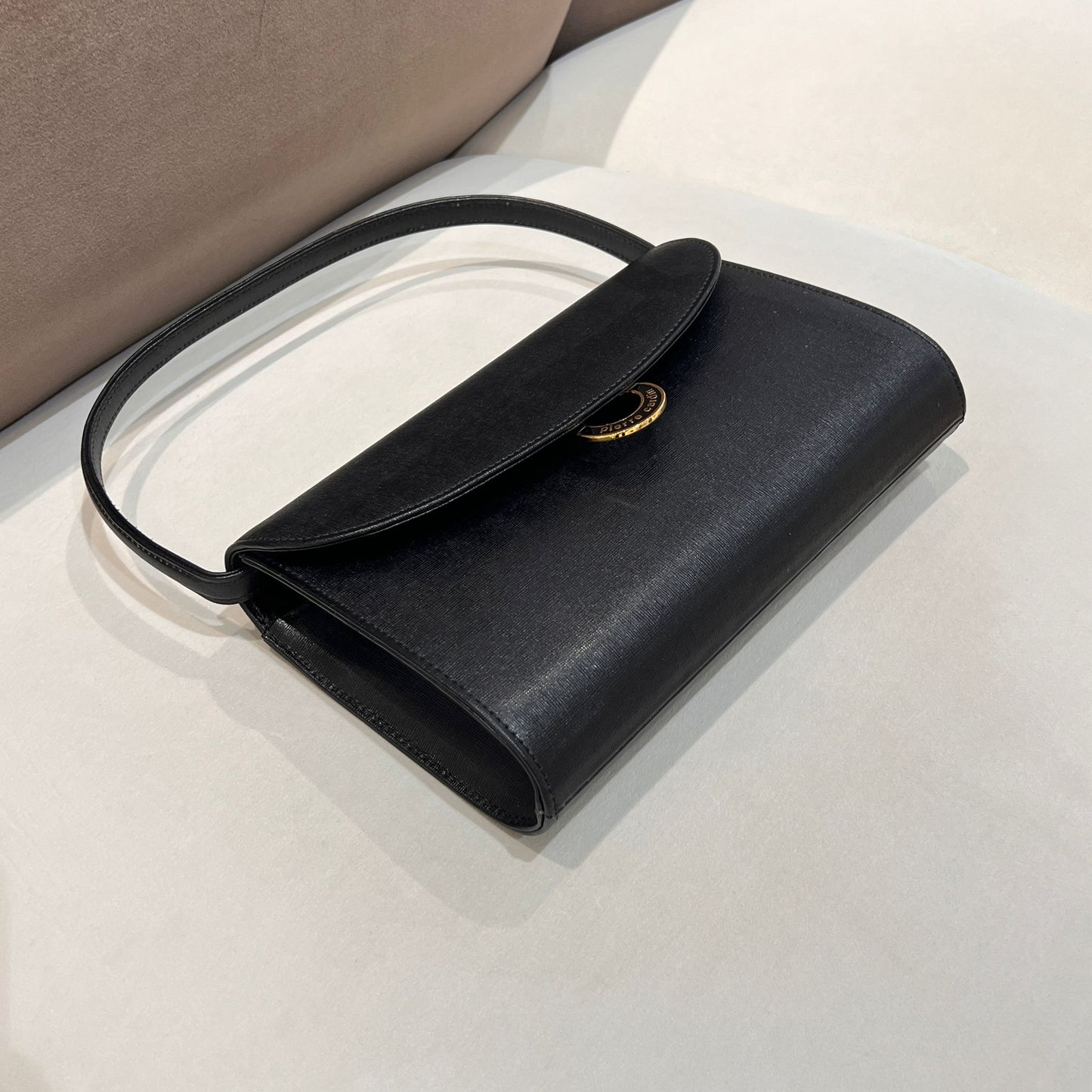 Pierre Cardin Vintage Black Leather Curved Flap Top Handle Handbag