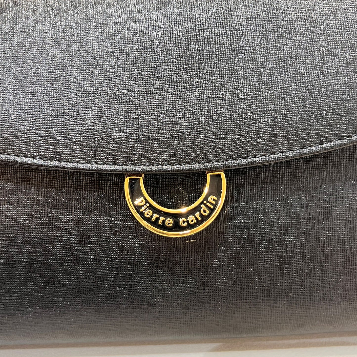 Pierre Cardin Vintage Black Leather Curved Flap Top Handle Handbag