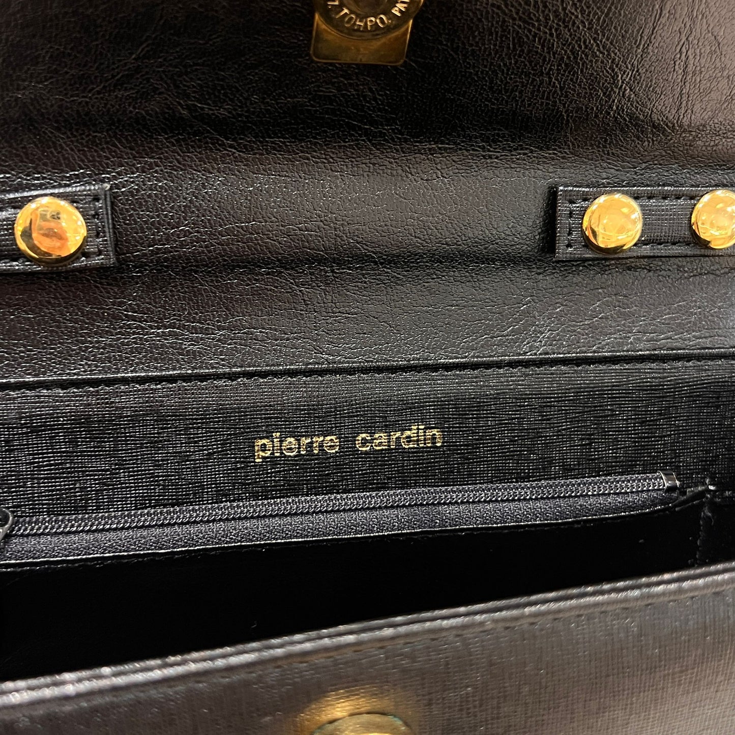 Pierre Cardin Vintage Black Leather Curved Flap Top Handle Handbag
