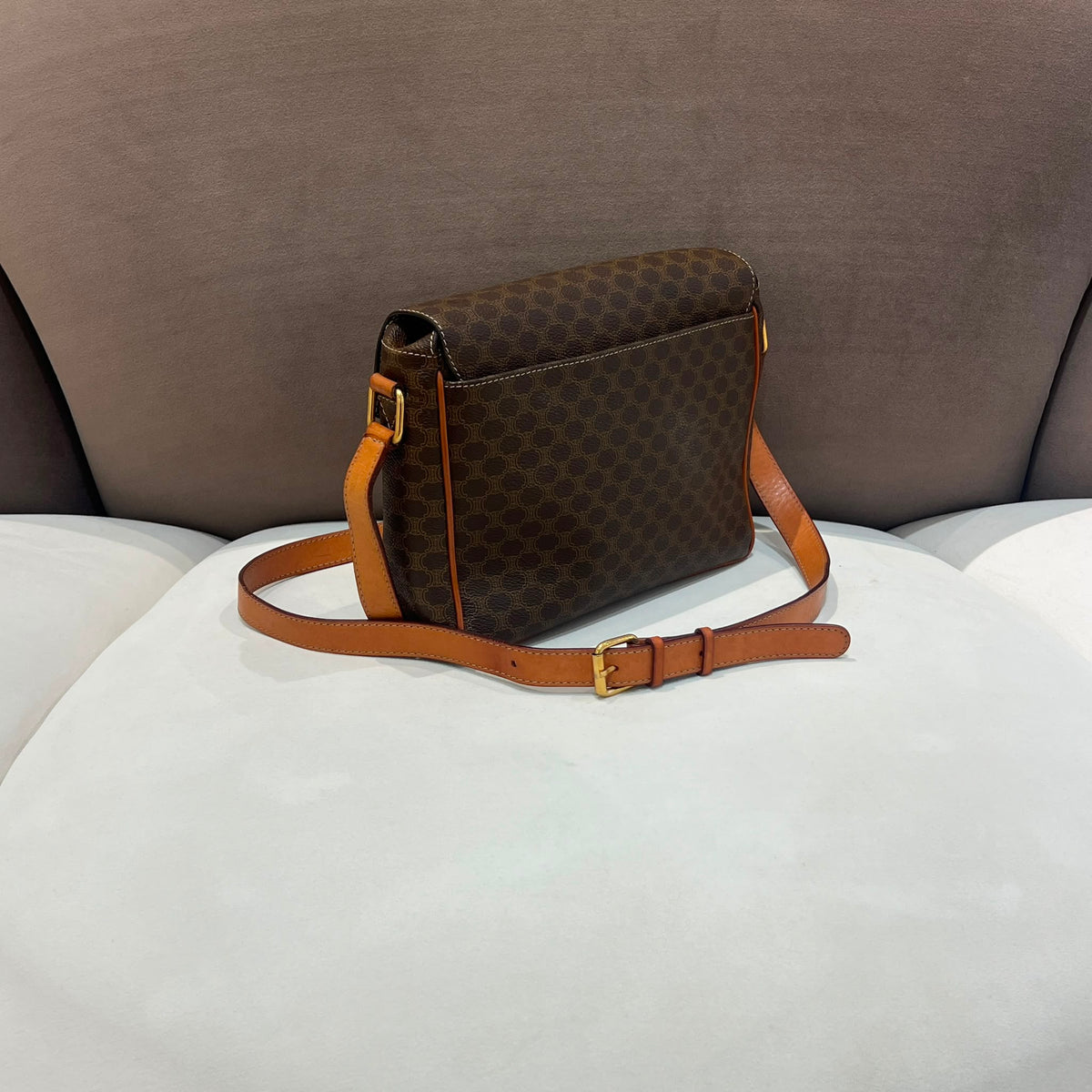 Celine Vintage Brown Macadam Canvas Shoulder Bag with Leather Trim