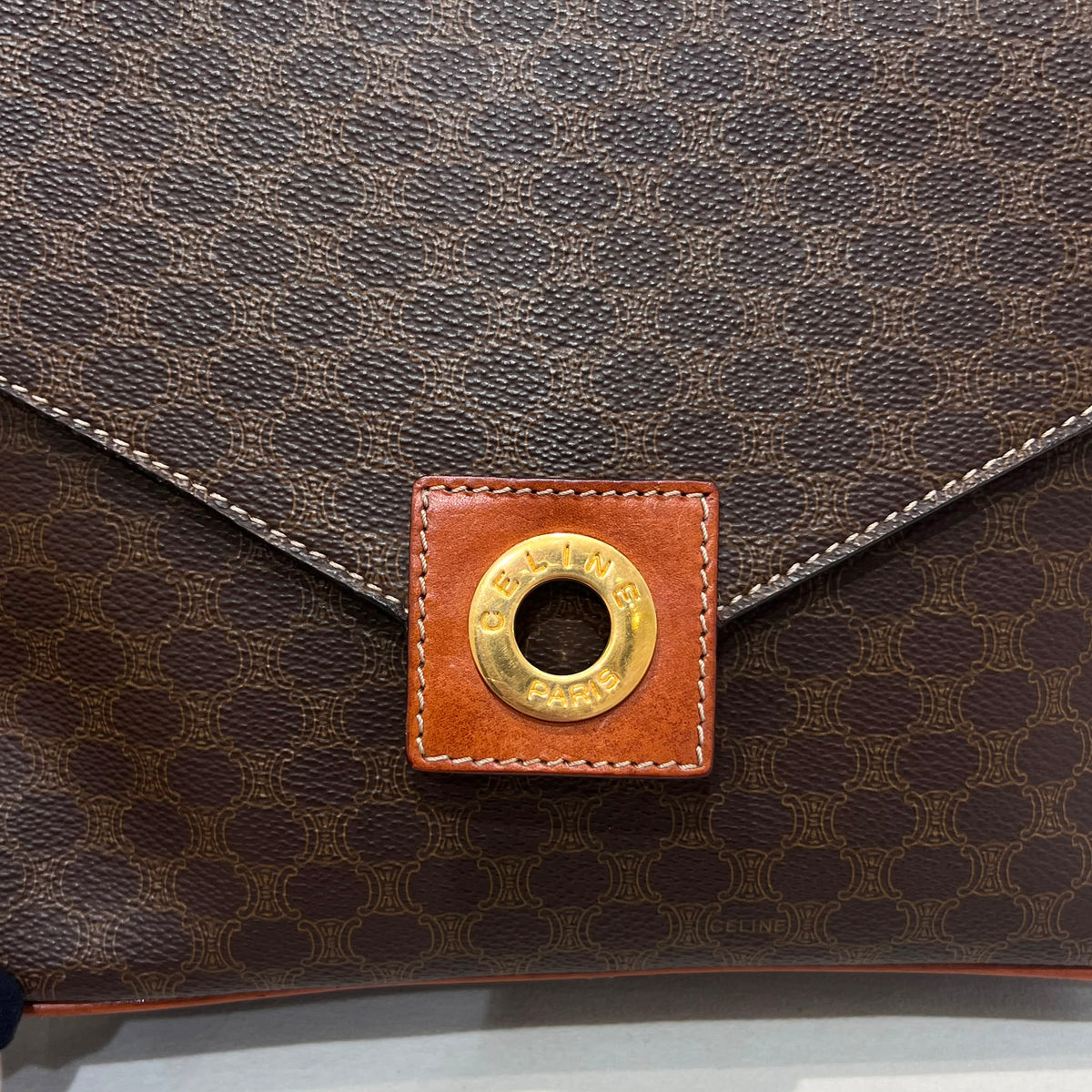 Celine Vintage Brown Macadam Canvas Shoulder Bag with Leather Trim