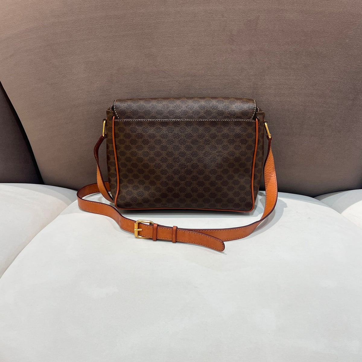 Celine Vintage Brown Macadam Canvas Shoulder Bag with Leather Trim