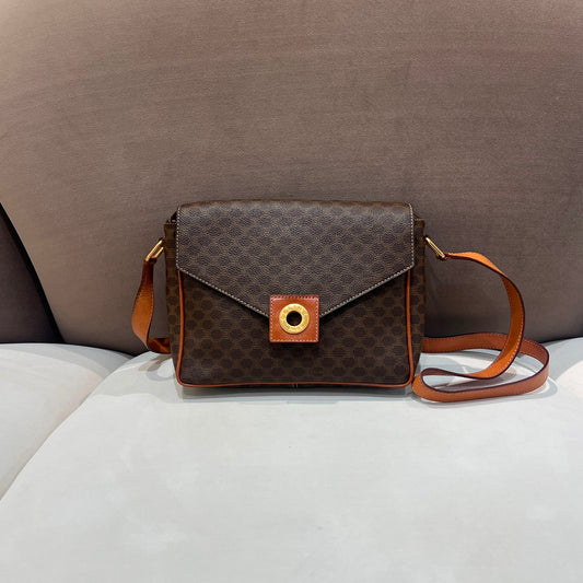 Celine Vintage Brown Macadam Coated Canvas Leather Trim Shoulder Bag