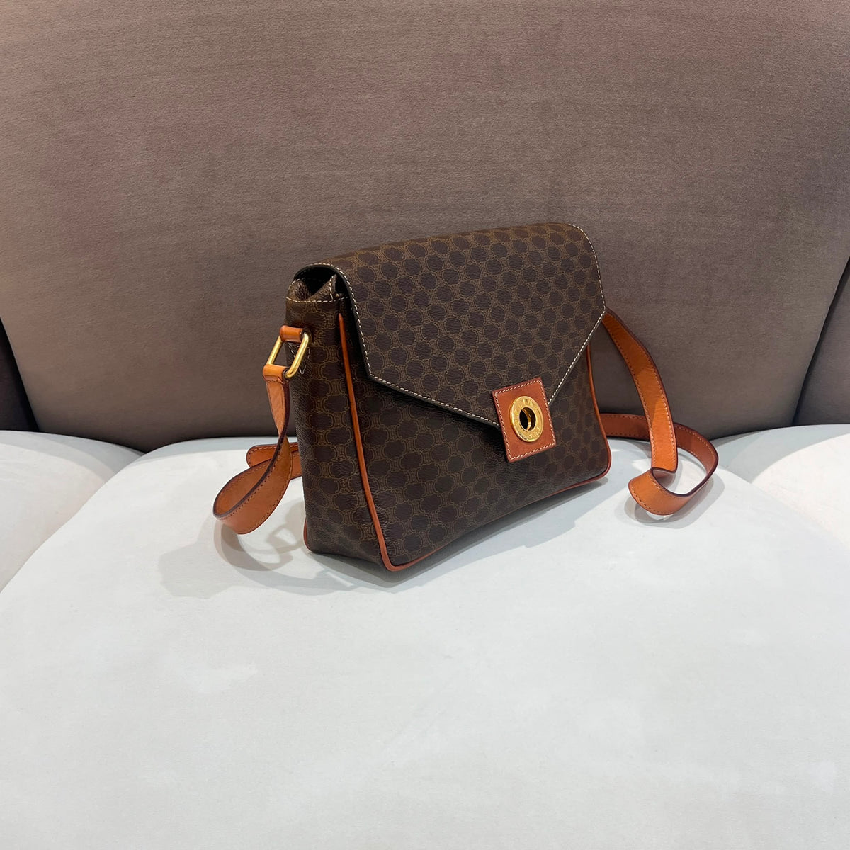 Celine Vintage Brown Macadam Canvas Shoulder Bag with Leather Trim