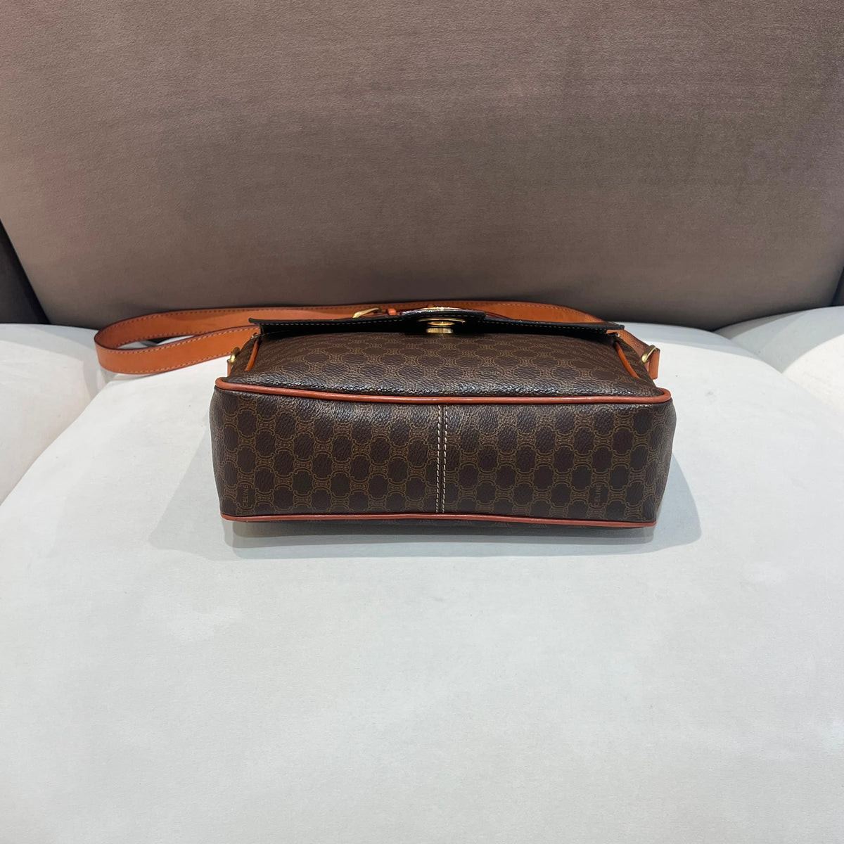 Celine Vintage Brown Macadam Canvas Shoulder Bag with Leather Trim